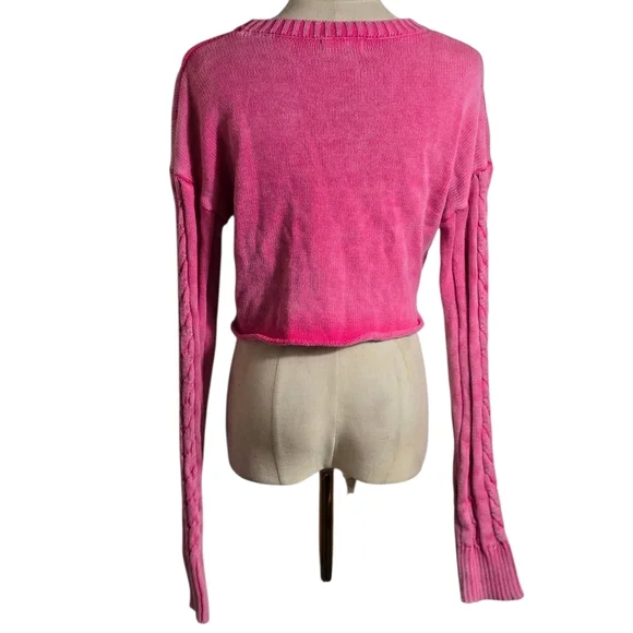 Altar'd State Anthropologie Washed Red Pink Cable Knit Crop Sweater - Picture 4 of 7